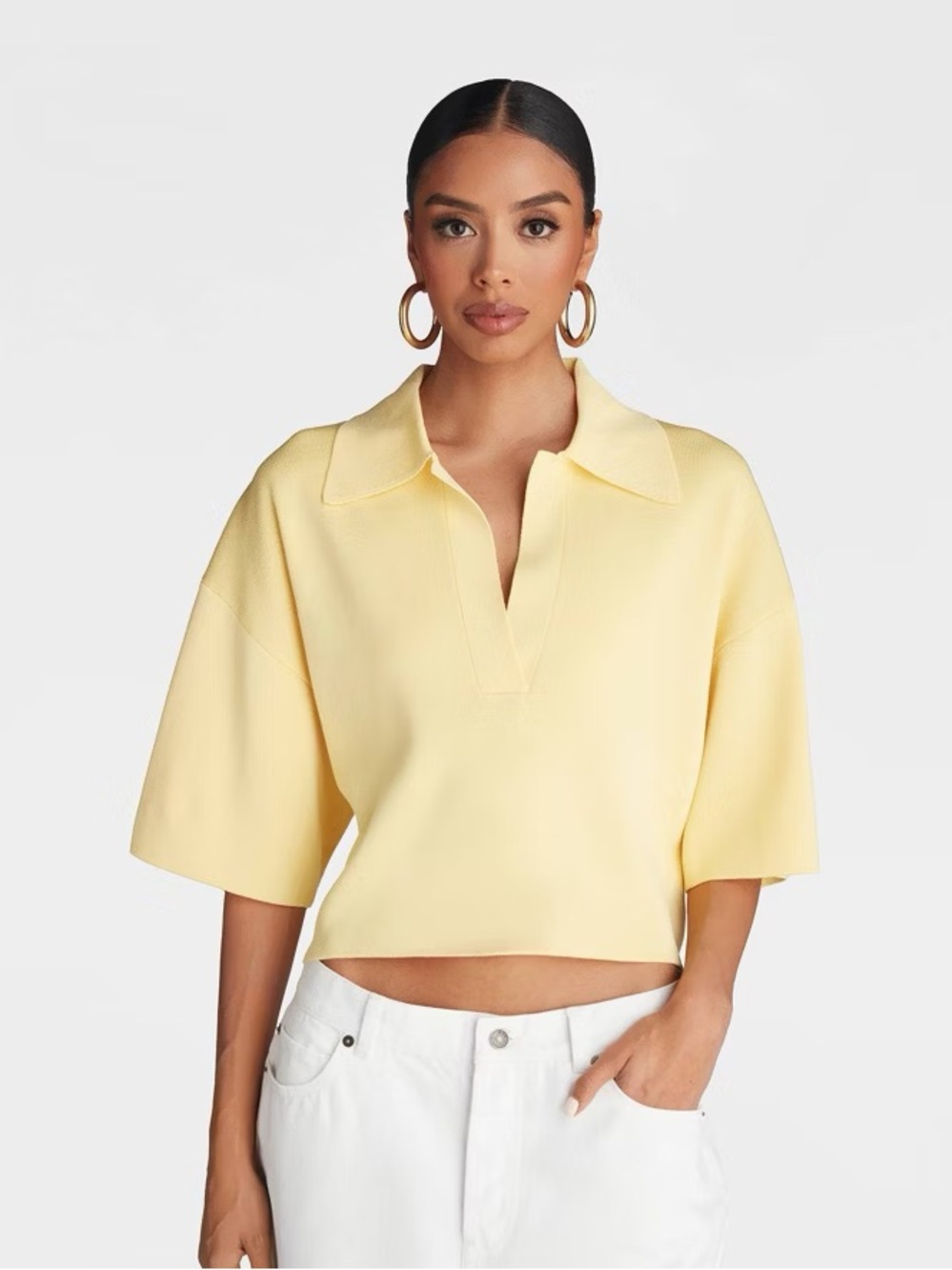 KBB by Kahlana Cropped Polo-Style Top in Bright Yellow